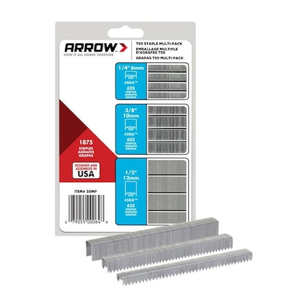 Arrow Fastener Arrow T50 3/8 in. W 18 Ga. Flat Crown Heavy Duty Staple Assortment 1875 pk 50MP